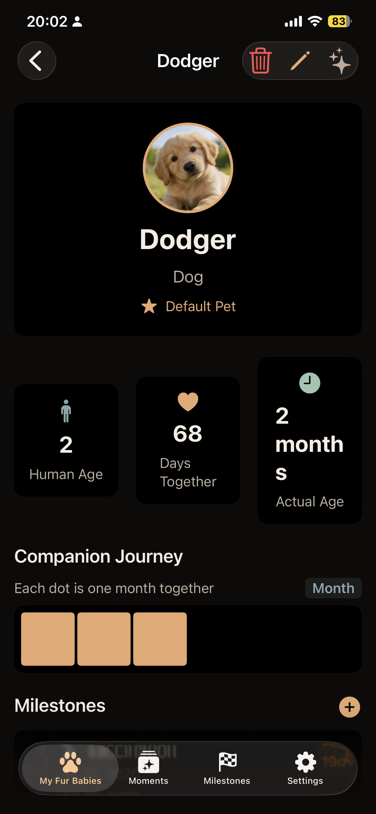 Pet detail page showing human years age, companionship grid, milestones, and recent moments