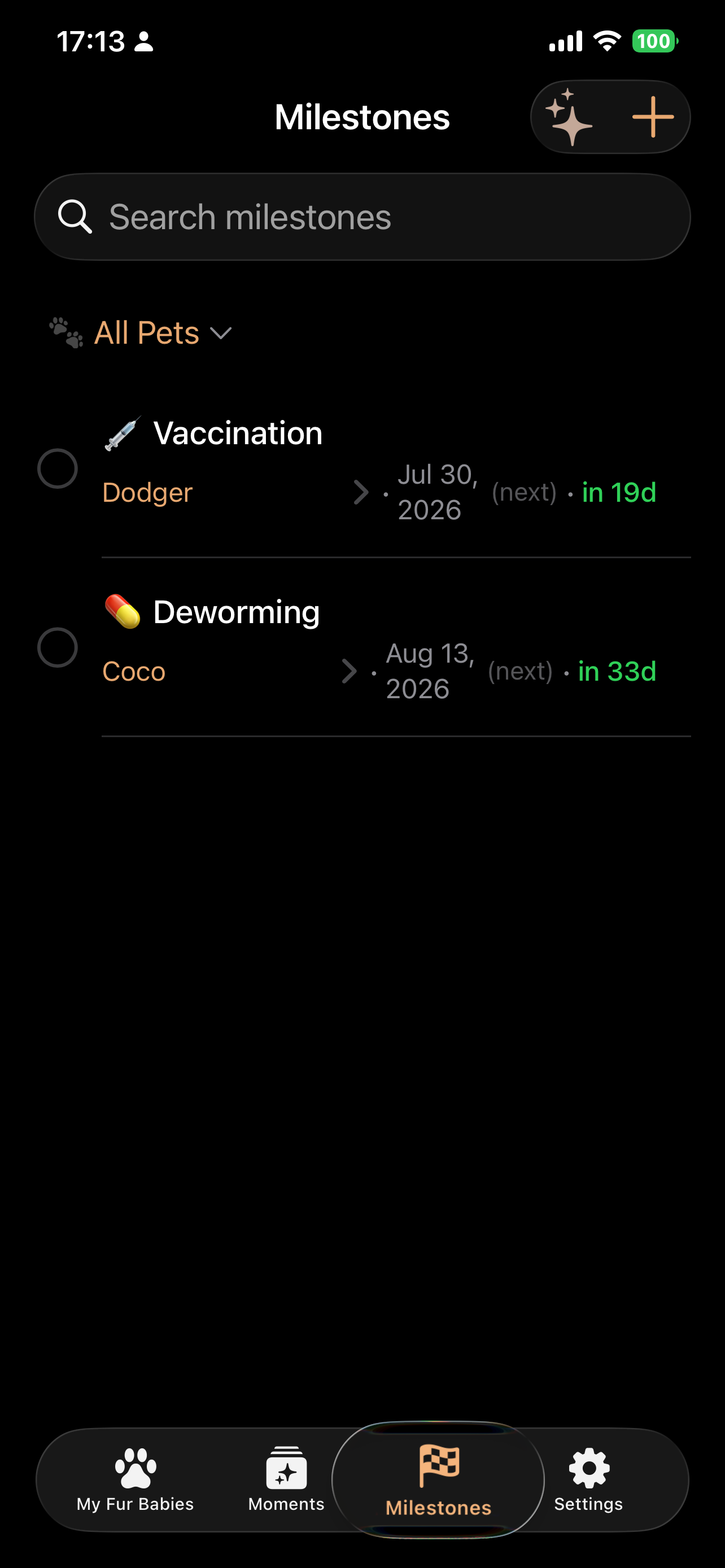 Milestones list with repeat rules, upcoming/overdue indicators, and calendar sync