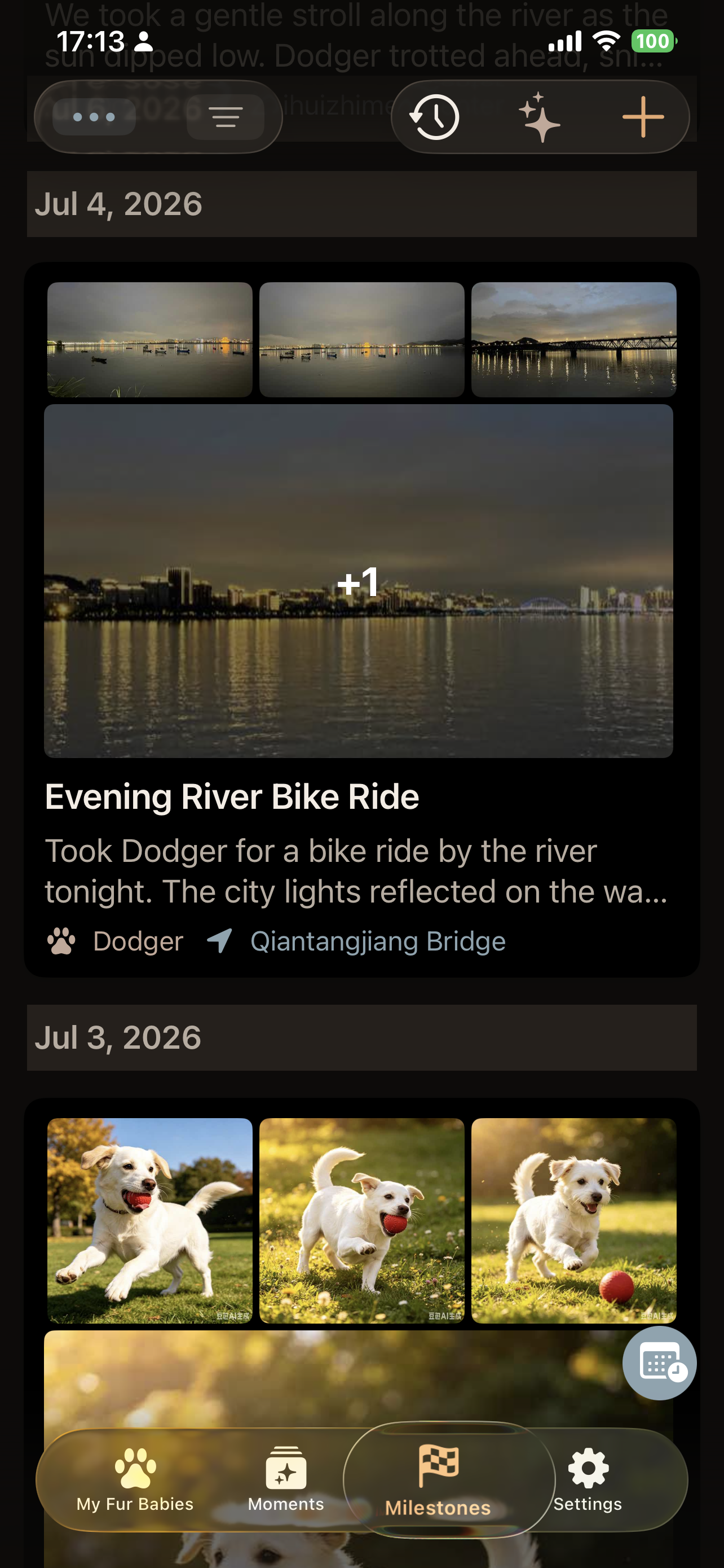Memory journal timeline with photos, mood emoji, tags, location, and pet filter