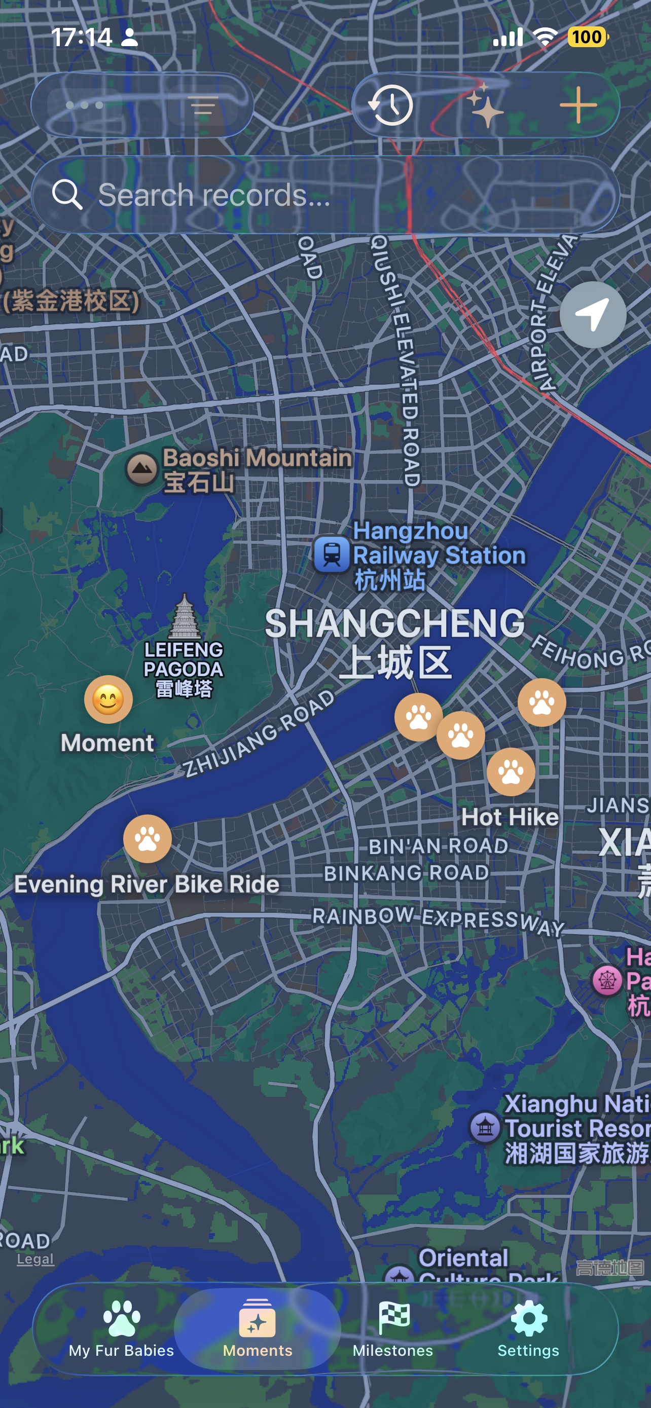 Map view showing geo-tagged moments with location annotations