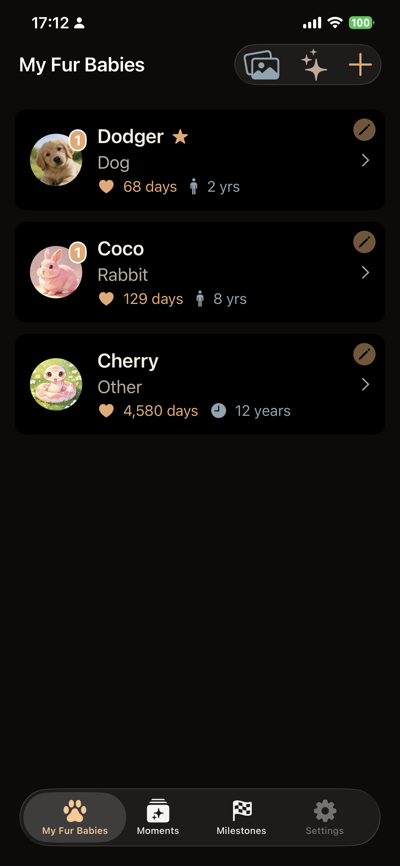 Fur Baby Companion app showing pet list with multiple pets displaying species icons and days together