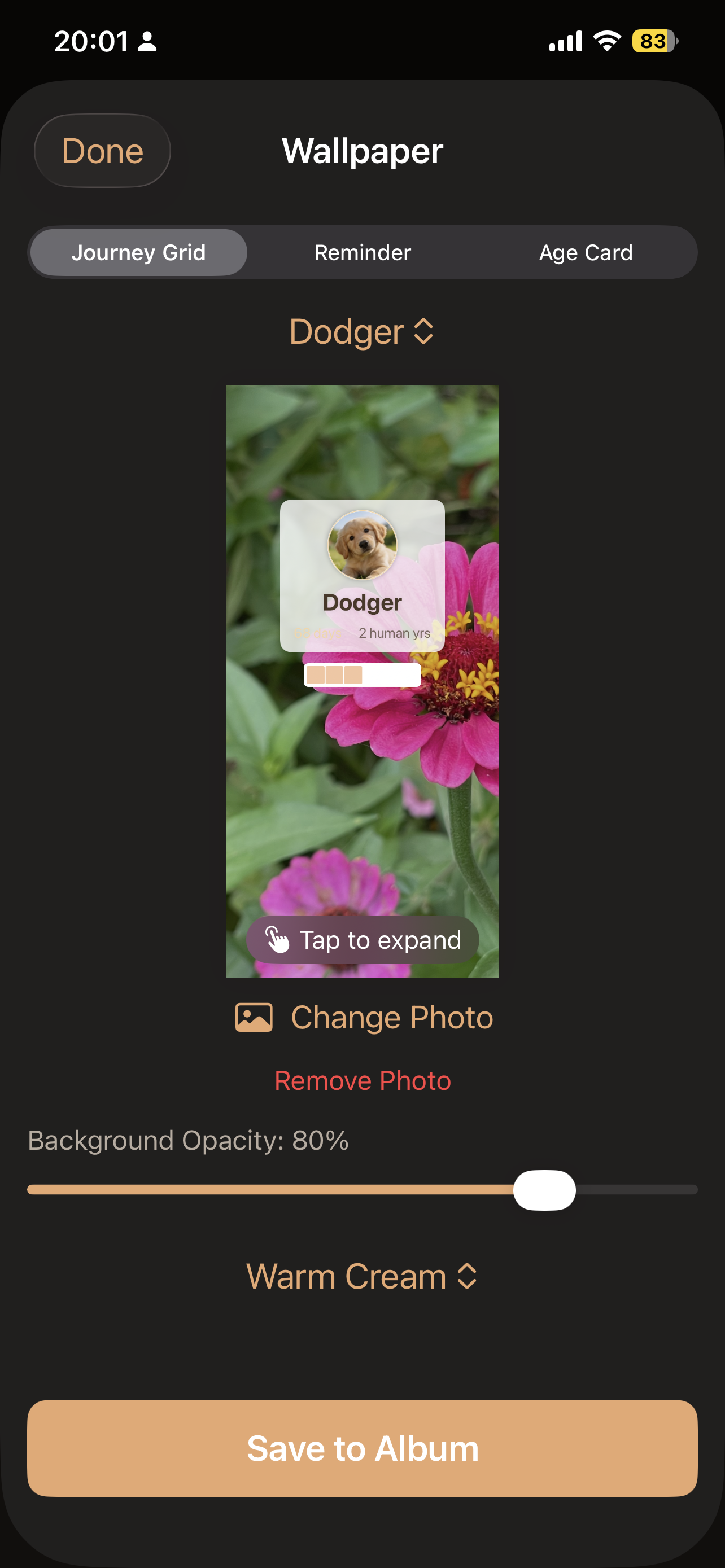 Custom wallpaper preview — Journey Grid template with pet photo, name, and companionship grid overlay