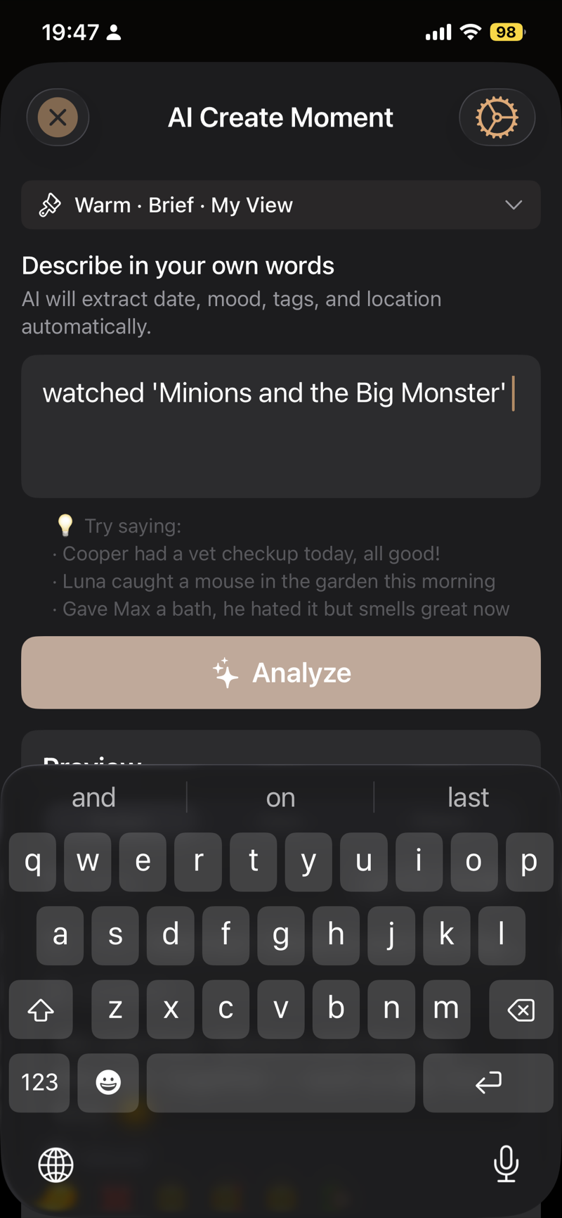My Tempus AI turning a sentence into a moment